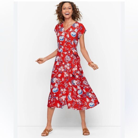 Talbots Red Blue Cream Floral Print V Neck Button Front Sash Waist Dress - Picture 1 of 16